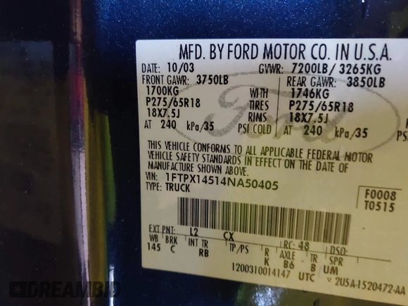 2004 Ford F-150 XLT with VIN 1FTPX14514NA50405, listed as a IAAI auction lot 42659237 with 188,151 mi miles and . Bid and sale history available at DreamBid. Image 9.