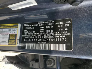 2015 Kia Optima LX with VIN 5XXGM4A74FG452675, listed as a Copart auction lot 46331535 with 82,335 mi miles and Salvage Title. Bid and sale history available at DreamBid. Image 13.