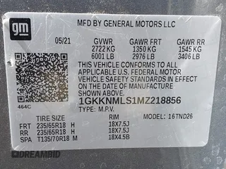 2021 GMC Acadia SLT with VIN 1GKKNMLS1MZ218856, listed as a IAAI auction lot 41797665 with 59,958 mi miles. Bid and sale history available at carsss.com. Image 9.