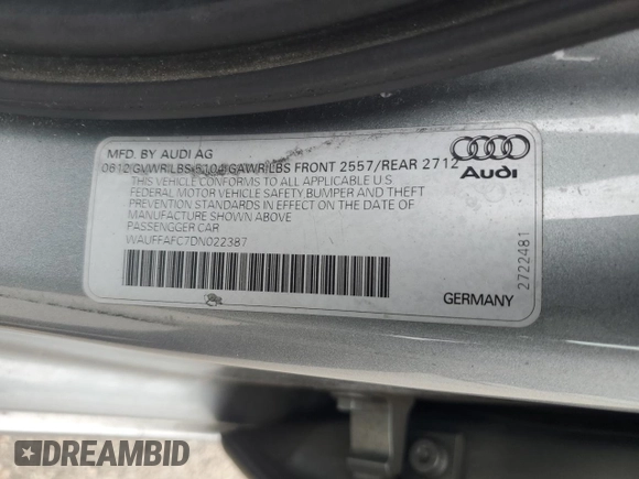 2013 Audi A6 Premium with VIN WAUFFAFC7DN022387, listed as a Copart auction lot 62422735 with 163,386 mi miles and Clean title. Bid and sale history available at DreamBid. Image 12.
