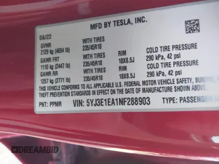 2022 Tesla Model 3 with VIN 5YJ3E1EA1NF288903, listed as a IAAI auction lot 41610215 with 96,050 mi miles and . Bid and sale history available at DreamBid. Image 9.