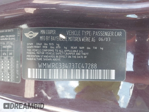2003 MINI Hardtop with VIN WMWRC33473TC47288, listed as a IAAI auction lot 41881197 with 115,859 mi miles and . Bid and sale history available at DreamBid. Image 9.