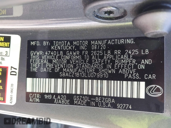 2020 Lexus ES 350 Ultra Luxury with VIN 58ACZ1B13LU079910, listed as a IAAI auction lot 42480934 with 50,092 mi miles and . Bid and sale history available at DreamBid. Image 9.