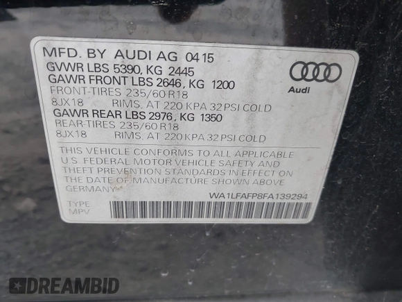 2015 Audi Q5 Premium Plus with VIN WA1LFAFP8FA139294, listed as a IAAI auction lot 42317397 with 112,733 mi miles and . Bid and sale history available at DreamBid. Image 9.