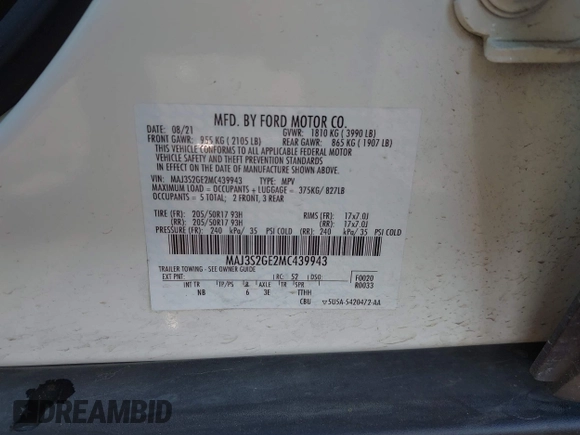 2021 Ford EcoSport SE with VIN MAJ3S2GE2MC439943, listed as a IAAI auction lot 42047981 with Not provided miles and . Bid and sale history available at DreamBid. Image 9.