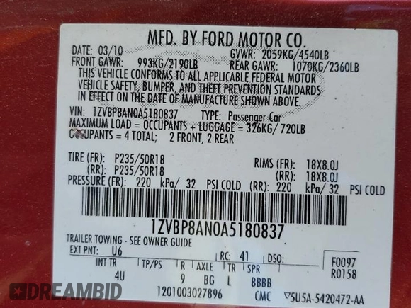 2010 Ford Mustang V6 with VIN 1ZVBP8AN0A5180837, listed as a Copart auction lot 49065685 with 150,494 mi miles and Salvage Title. Bid and sale history available at carsss.com. Image 14.
