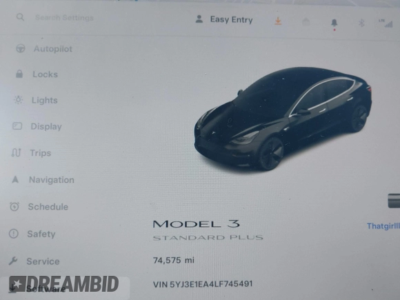 2020 Tesla Model 3 Standard Range Plus with VIN 5YJ3E1EA4LF745491, listed as a IAAI auction lot 41186726 with 74,575 mi miles and . Bid and sale history available at DreamBid. Image 7.