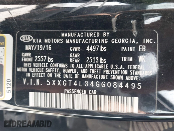 2016 Kia Optima LX with VIN 5XXGT4L34GG084495, listed as a IAAI auction lot 42633502 with 148,038 mi miles and . Bid and sale history available at DreamBid. Image 9.