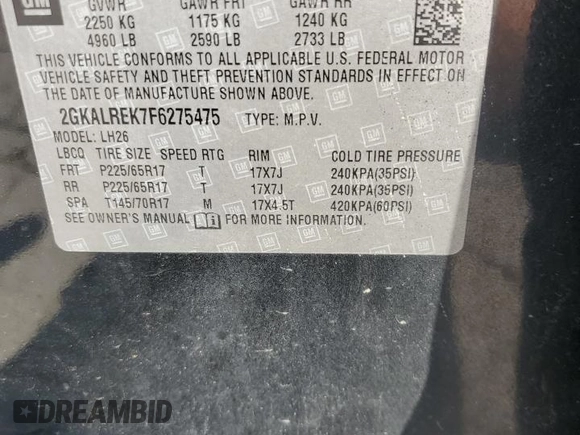 2015 GMC Terrain SLE with VIN 2GKALREK7F6275475, listed as a Copart auction lot 54612665 with 54,592 mi miles and Salvage title. Bid and sale history available at DreamBid. Image 14.