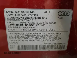 2018 Audi Q5 Premium Plus with VIN WA1BNAFY9J2241245, listed as a Copart auction lot 60152755 with 70,352 mi miles and Salvage title. Bid and sale history available at DreamBid. Image 13.
