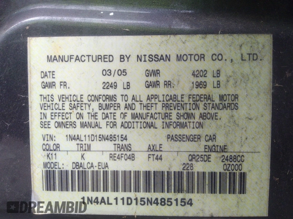 2005 Nissan Altima SL z VIN 1N4AL11D15N485154, wystawiony jako IAAI lot #42196557 z przebiegiem Nie podano mil oraz . Historia ofert i sprzedaży dostępna na DreamBid. Obrazek 9.