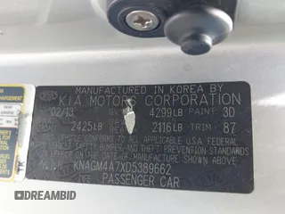 2013 Kia Optima LX z VIN KNAGM4A7XD5389662, wystawiony jako IAAI lot #42265945 z przebiegiem 164 488 mil mil oraz . Historia ofert i sprzedaży dostępna na DreamBid. Obrazek 9.