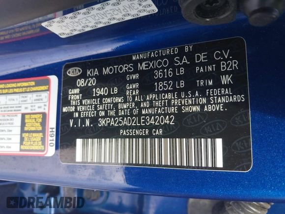 2020 Kia Rio S with VIN 3KPA25AD2LE342042, listed as a IAAI auction lot 41585066 with 23,086 mi miles and . Bid and sale history available at DreamBid. Image 9.
