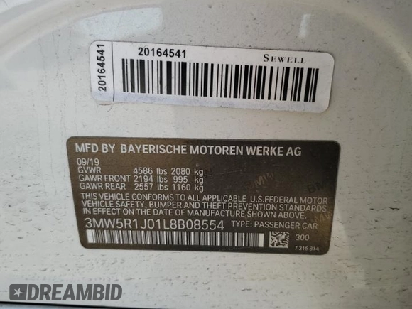 2020 BMW 3 Series 330i with VIN 3MW5R1J01L8B08554, listed as a Copart auction lot 47298125 with 98,461 mi miles and Salvage Title. Bid and sale history available at carsss.com. Image 12.