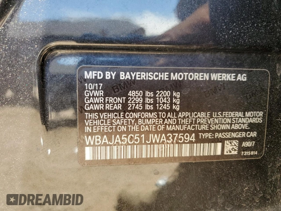 2018 BMW 5 Series 530i z VIN WBAJA5C51JWA37594, wystawiony jako Copart lot #63375575 z przebiegiem 139 974 mil mil oraz Czysty tytuł • Clean title. Historia ofert i sprzedaży dostępna na DreamBid. Obrazek 12.