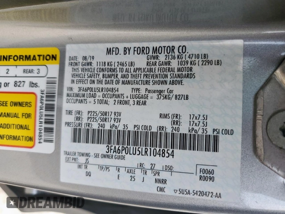 2020 Ford Fusion SE with VIN 3FA6P0LU5LR104854, listed as a Copart auction lot 57172725 with 47,470 mi miles and Salvage title. Bid and sale history available at DreamBid. Image 13.