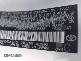 2023 Toyota Corolla Hybrid LE with VIN JTDBCMFE7P3008888, listed as a IAAI auction lot 41943160 with 168,198 mi miles. Bid and sale history available at carsss.com. Image 9.
