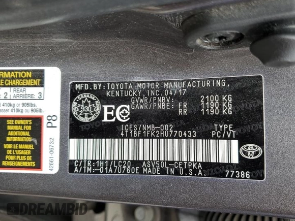 2017 Toyota Camry XLE with VIN 4T1BF1FK2HU770433, listed as a Copart auction lot 52565585 with 240,191 mi miles and Salvage Title. Bid and sale history available at carsss.com. Image 13.
