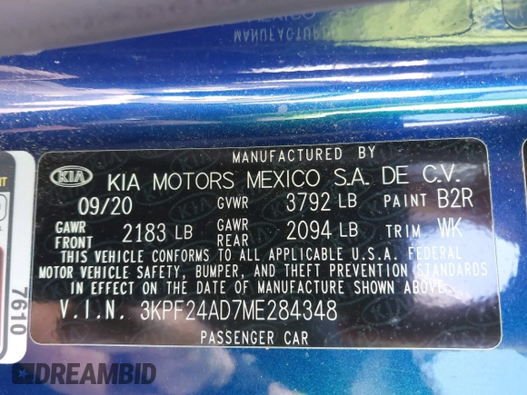 2021 Kia Forte FE with VIN 3KPF24AD7ME284348, listed as a IAAI auction lot 41836535 with 54,589 mi miles and . Bid and sale history available at carsss.com. Image 9.