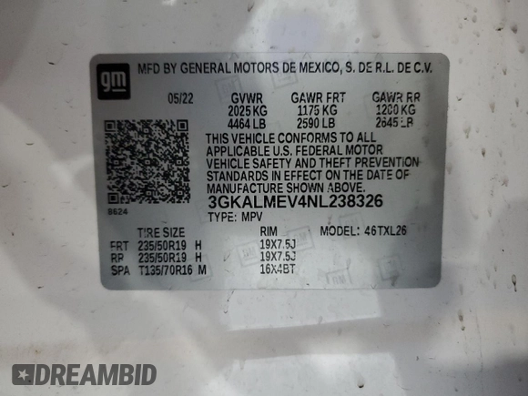 2022 GMC Terrain SLE with VIN 3GKALMEV4NL238326, listed as a Copart auction lot 83573434 with 66,056 mi miles and Salvage title. Bid and sale history available at DreamBid. Image 13.
