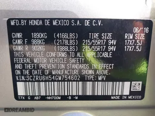 2016 Honda HR-V EX with VIN 3CZRU6H54GM754602, listed as a IAAI auction lot 41987313 with 67,940 mi miles. Bid and sale history available at carsss.com. Image 9.