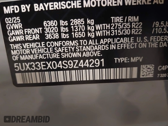 2025 BMW X6 xDrive40i with VIN 5UX33EX04S9Z44291, listed as a IAAI auction lot 41827897 with 1,053 mi miles. Bid and sale history available at carsss.com. Image 9.