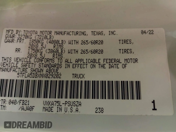 2022 Toyota Tundra SR5 с VIN 5TFLA5DBXNX029202, выставлен на аукционе IAAI как лот 42152386 с пробегом 61 454 миль миль и . История ставок и продаж доступна на DreamBid. Изображение 9.