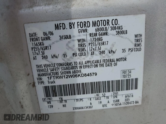 2006 Ford F-150 XLT with VIN 1FTRW12W06KD84579, listed as a Copart auction lot 55090155 with 296,917 mi miles and Salvage Title. Bid and sale history available at DreamBid. Image 13.