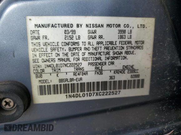 1999 Nissan Altima XE with VIN 1N4DL01D7XC222527, listed as a Copart auction lot 77155224 with 140,082 mi miles and Salvage Title. Bid and sale history available at carsss.com. Image 12.