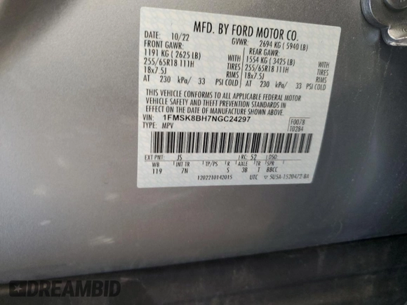 2022 Ford Explorer with VIN 1FMSK8BH7NGC24297, listed as a Copart auction lot 59026195 with 86,091 mi miles and Non repairable. Bid and sale history available at DreamBid. Image 14.