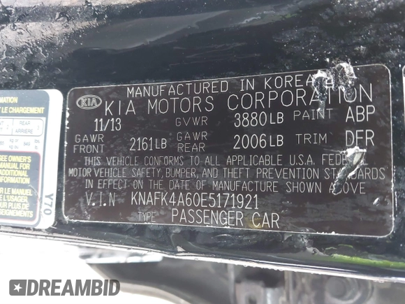 2014 Kia Forte LX with VIN KNAFK4A60E5171921, listed as a IAAI auction lot 41863618 with 105,076 mi miles. Bid and sale history available at carsss.com. Image 9.