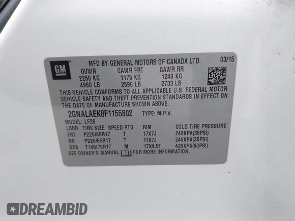 2015 Chevrolet Equinox LS with VIN 2GNALAEK8F1155802, listed as a IAAI auction lot 42092793 with 150,728 mi miles and . Bid and sale history available at DreamBid. Image 9.