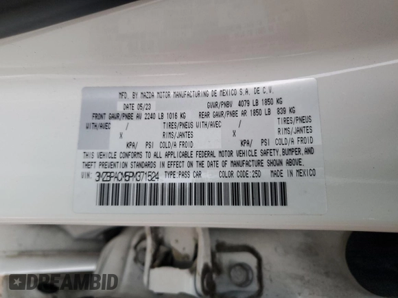 2023 Mazda 3 S Preferred with VIN 3MZBPACM5PM371524, listed as a Copart auction lot 45788605 with 16,725 mi miles and Salvage Title. Bid and sale history available at DreamBid. Image 14.