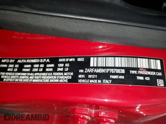 2023 Alfa Romeo Giulia Veloce z VIN ZARFAMBN1P7670638, wystawiony jako Copart lot #44301935 z przebiegiem 47 431 mil mil oraz Tytuł czysty. Historia ofert i sprzedaży dostępna na DreamBid. Obrazek 12.