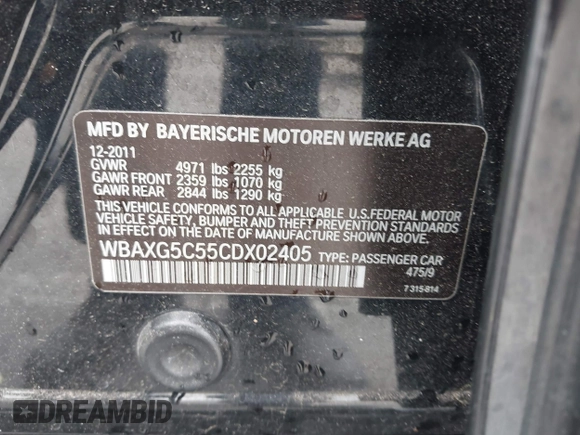 2012 BMW 5 Series 528i with VIN WBAXG5C55CDX02405, listed as a IAAI auction lot 42127069 with 155,764 mi miles. Bid and sale history available at carsss.com. Image 9.