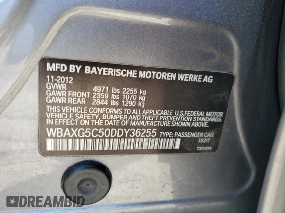 2013 BMW 5 Series 528i with VIN WBAXG5C50DDY36255, listed as a Copart auction lot 44741985 with 102,147 mi miles and Salvage Title. Bid and sale history available at carsss.com. Image 12.