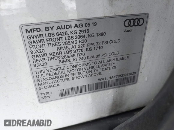 2019 Audi Q7 Premium Plus with VIN WA1LHAF78KD043829, listed as a IAAI auction lot 41431554 with 72,146 mi miles and . Bid and sale history available at DreamBid. Image 9.
