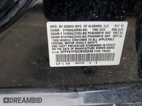 2012 Honda Ridgeline RTL with VIN 5FPYK1F5XCB455246, listed as a Copart auction lot 52871925 with 179,755 mi miles and Salvage title. Bid and sale history available at DreamBid. Image 13.