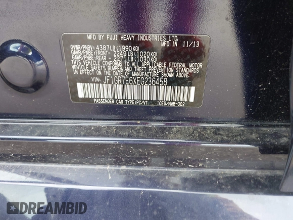 2014 Subaru WRX WRX with VIN JF1GR7E6XEG236458, listed as a IAAI auction lot 42474880 with Not provided miles and . Bid and sale history available at DreamBid. Image 9.
