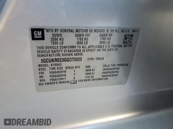 2016 Chevrolet Silverado 1500 LT with VIN 3GCUKREC8GG375823, listed as a Copart auction lot 77374774 with Not Provided miles and Salvage Title. Bid and sale history available at DreamBid. Image 12.