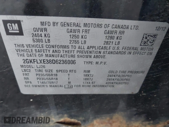2013 GMC Terrain SLT with VIN 2GKFLXE38D6236006, listed as a IAAI auction lot 42705679 with 198,807 mi miles and . Bid and sale history available at DreamBid. Image 9.