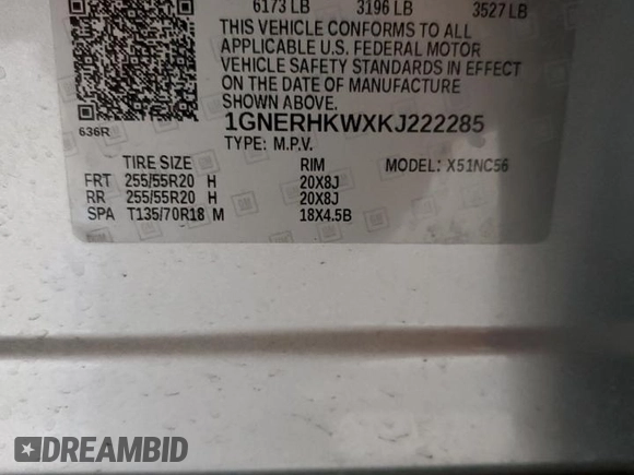 2019 Chevrolet Traverse LT z VIN 1GNERHKWXKJ222285, wystawiony jako Copart lot #53981955 z przebiegiem 109 303 mil mil oraz Szkoda całkowita • Salvage title. Historia ofert i sprzedaży dostępna na DreamBid. Obrazek 13.