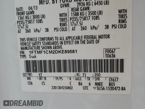 2013 Ford F-150 XL with VIN 1FTMF1CM2DKE89581, listed as a Copart auction lot 58984845 with 229,179 mi miles and Salvage title. Bid and sale history available at DreamBid. Image 12.