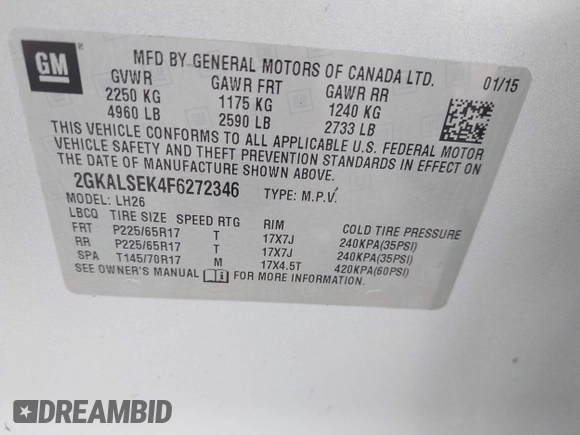 2015 GMC Terrain SLT with VIN 2GKALSEK4F6272346, listed as a IAAI auction lot 42180760 with 208,597 mi miles and . Bid and sale history available at DreamBid. Image 9.