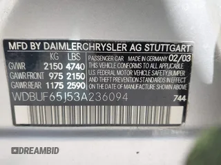 2003 Mercedes-Benz E 320 with VIN WDBUF65J53A236094, listed as a IAAI auction lot 42272839 with 117,835 mi miles and . Bid and sale history available at DreamBid. Image 9.