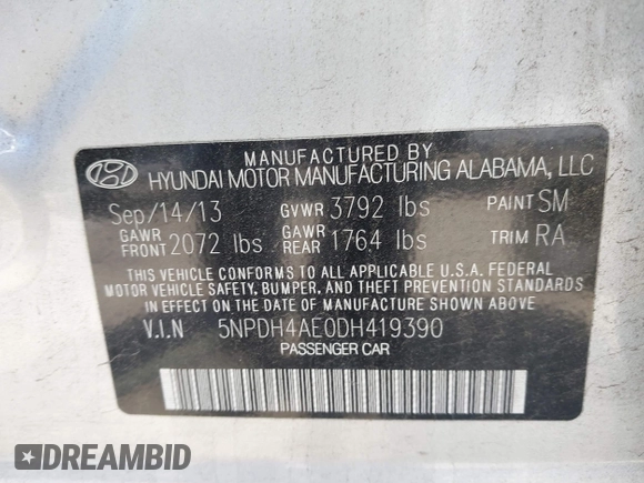 2013 Hyundai Elantra Limited with VIN 5NPDH4AE0DH419390, listed as a IAAI auction lot 42217737 with 50,991 mi miles and . Bid and sale history available at DreamBid. Image 9.