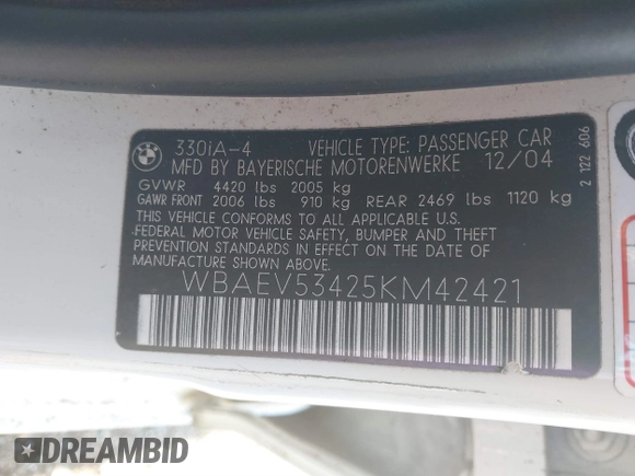 2005 BMW 3 Series 330i with VIN WBAEV53425KM42421, listed as a IAAI auction lot 41001073 with 188,472 mi miles and . Bid and sale history available at carsss.com. Image 9.
