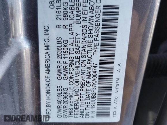 2019 Acura TLX with VIN 19UUB2F37KA004747, listed as a Copart auction lot 45744185 with 91,274 mi miles and Salvage Title. Bid and sale history available at carsss.com. Image 12.