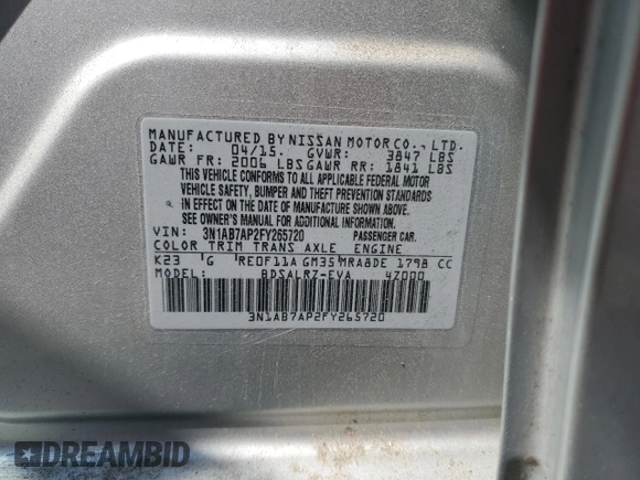 2015 Nissan Sentra SR with VIN 3N1AB7AP2FY265720, listed as a Copart auction lot 54559335 with 145,009 mi miles and Clean Title. Bid and sale history available at DreamBid. Image 12.