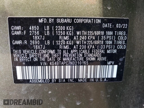 2022 Subaru Outback Touring with VIN 4S4BTAPC7N3210165, listed as a Copart auction lot 56468405 with 42,598 mi miles and Salvage title. Bid and sale history available at DreamBid. Image 14.